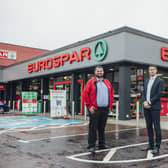 Store Manager of Eurospar Glenwell, Liam Russell is pictured with Area Manager Aidan McIvor from Henderson Group as the community supermarket reopens after a £665k refurbishment
