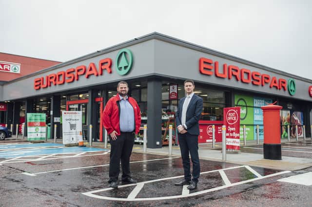 Store Manager of Eurospar Glenwell, Liam Russell is pictured with Area Manager Aidan McIvor from Henderson Group as the community supermarket reopens after a £665k refurbishment