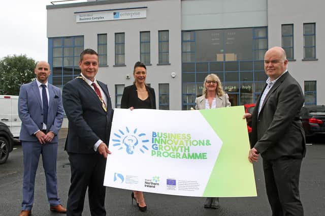 Deputy Mayor of Derry City and Strabane District Council,  Alderman Graham  Warke, pictured at the  North West Business Complex, where he launched the new ‘Business Innovation & Growth Programme’, pictured with (from left), Brian O’Neill, Enterprise North West, Tara Nicholas, business officer with Council, Carol Banahan, owner  of Carol’s Stock Market, and Simon Devlin, managing director with Full Circle
