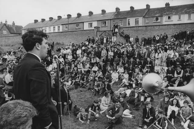 John Hume speaks in August 1969 before a parade by the Apprentice Boys of Derry. Gregory Campbell writes: "If in a unionist majority city a nationalist minority in the main part of that city, had fled, mostly under threat, and any unionist leader was prominent, it would have seen them pilloried, yet this is what happened between 1969 and 1972 in Londonderry to unionists. It wasn’t highlighted by mainstream nationalist leaders" (Photo by Gary Weaser/Keystone/Hulton Archive/Getty Images)