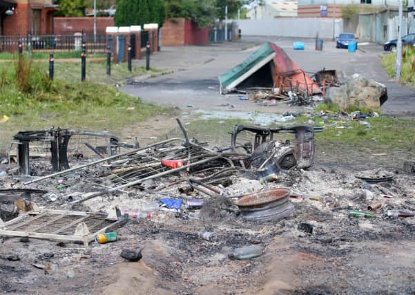 The scene at Distillery Street in west Belfast where trouble happened on Saturday afternoon after PSNI officers moved in with contractors to remove Internment bonfire material.  

Picture by Jonathan Porter/PressEye
