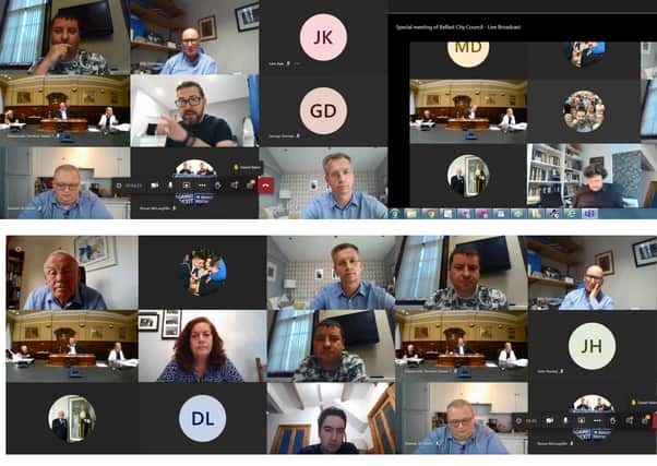 A series of screengrabs showing the Belfast City Council meeting last night, which was held over the internet via Microsoft Teams