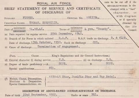 Tommy Fisher's RAF Statement of Service and Certificate of Discharge