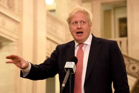 January 13, 2020:  Prime Minister Boris Johnson addresses media during his visit to Northern IrelandThe prime minister speaking at Stormont’s Parliament Buildings in January this year
