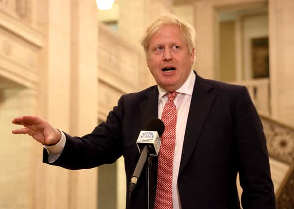 January 13, 2020:  Prime Minister Boris Johnson addresses media during his visit to Northern IrelandThe prime minister speaking at Stormont’s Parliament Buildings in January this year