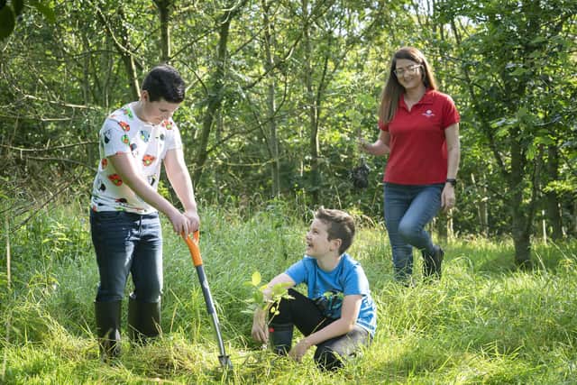 Budding foresters Matthew and Joe Brennan helped out at Corrog Woods. They are pictured with Woodland Trust NI's Lynsey Nixon