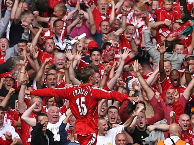 File photo dated 13-08-2006 of Liverpool's Peter Crouch celebrating in front of the Liverpool fans after scoring against Chelsea during the FA Community Shield at Millennium Stadium, Cardiff.