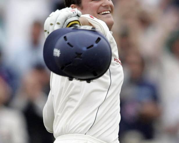 England's Andrew Strauss celebrates his century against Australia in 2005.
