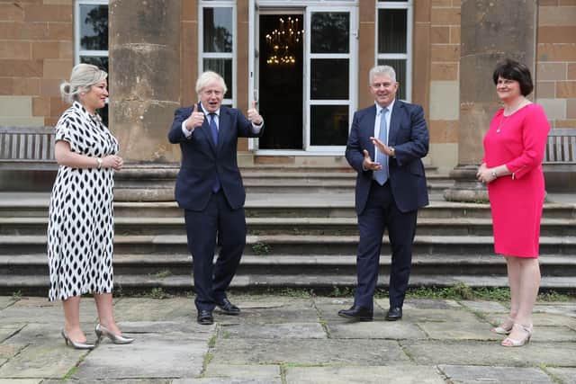 (left to right) Deputy First Minister Michelle O'Neill, Prime Minister Boris Johnson, Northern Ireland Secretary of State Brandon Lewis and First Minister Arlene Foster at Hillsborough Castle during the Prime Minister's visit to Belfast. PA Photo. Picture date: Thursday August 13, 2020. See PA story ULSTER Johnson. Photo credit should read: Brian Lawless/PA Wire