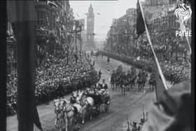 In this still from a British Pathé film, King George V is seen being welcomed to Belfast on June 22, 1921