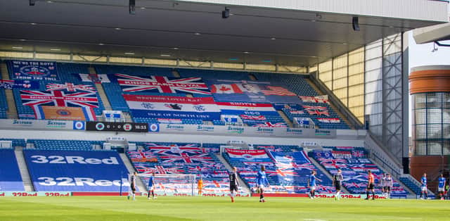 Rangers supporters' clubs' flags displayed at Ibrox Stadium during the game against St Mirren. Pic by PA.
