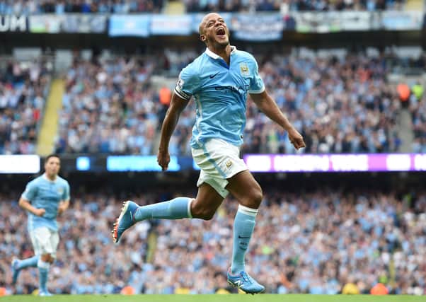 Manchester City's Vincent Kompany celebrates scoring his side's second goal of the game during the Barclays Premier League match at the Etihad Stadium, Manchester, in 2015.