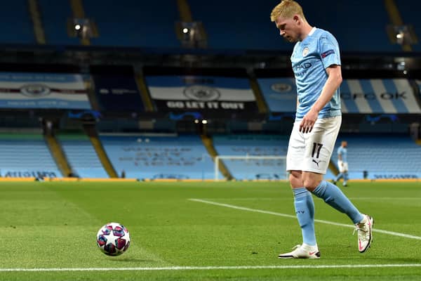 Manchester City's Kevin De Bruyne looks dejected on Saturday as Lyon knocked Pep Guardiola's side out of the Champions League.