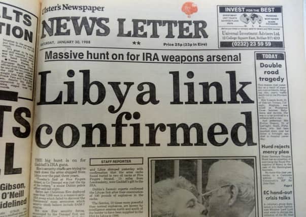 The front page of the News Letter,  January 30, 1988; the introductory paragraphs read: ‘The big hunt is on for Gaddafi’s IRA guns. Eire’s security chiefs are trying to track down the arms shipped from Libya over the past three years.’