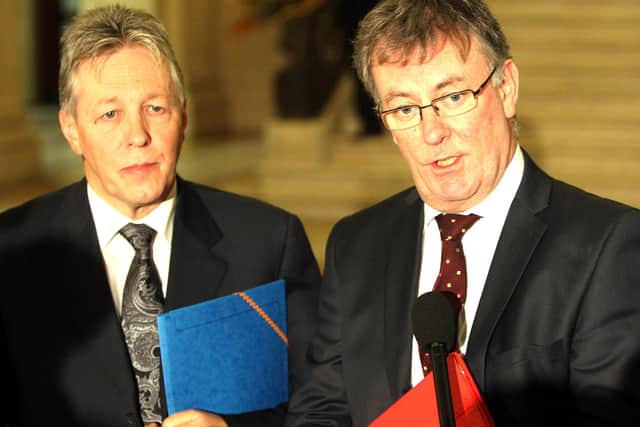 Peter Robinson and Mike Nesbitt at the announcement of the subsequently short-lived Unionist Forum in January 2013