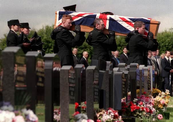 PACEMAKER, BELFAST, 8/9/99:  Funeral of RUC Constable, Darren Bradshaw, shot dead in a bar whilst off-duty in 1997 - one of over 300 RUC officers who were murdered by republicans (plus a handful also murdered by loyalists)