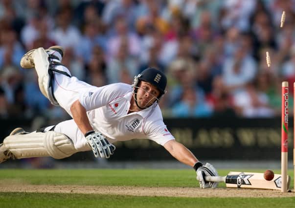 England's Jonathan Trott is run out by Australia's Simon Katich during the fifth npower Test Match at the Oval, London.