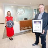 John Healy OBE, Vice President and Managing Director,  Allstate NI pictured receiving the first Silver Diversity Mark Award with Christine White, Head of Business, Diversity Mark NI
