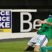 10-10-17, 
Northern Ireland v Estonia, under-21s: Mark Sykes celebrates his goal at Mourneview Park, Lurgan