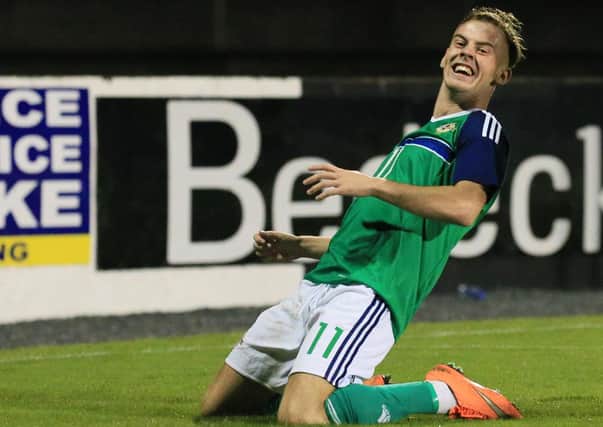10-10-17, 
Northern Ireland v Estonia, under-21s: Mark Sykes celebrates his goal at Mourneview Park, Lurgan