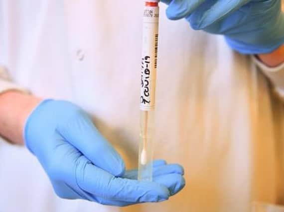 A lab worker handles a coronavirus test sample