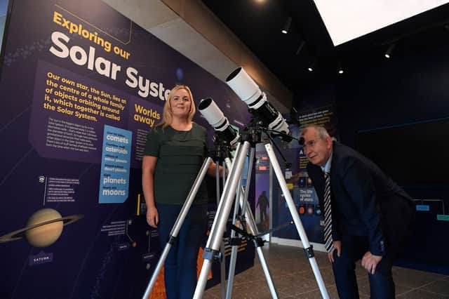 Edwin Poots with manager of the OM Dark Sky Park and Observatory Kirsty Gordon.