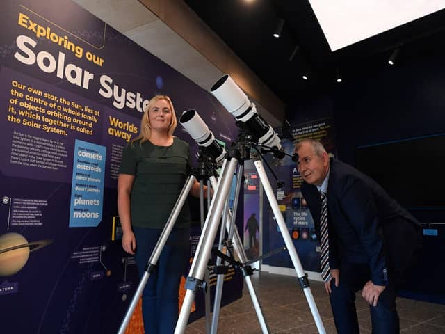 Edwin Poots with manager of the OM Dark Sky Park and Observatory Kirsty Gordon.