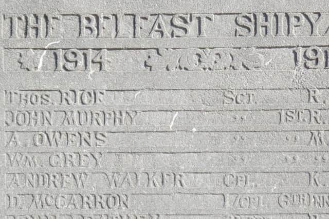 McCarron's Name (2nd from Bottom) on the WWI Memorial Erected by Workman Clark Shipyard in 1919