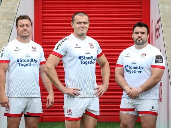 Official Ulster Rugby partners Kingspan encourage fans to #StandUpTogether, Rob Herring, Jacob Stockdale and Marty Moore in the special edition jersey