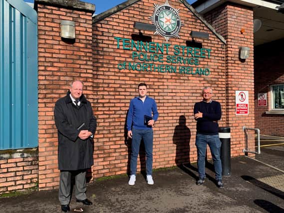 William Humphrey MLA, Councillor Dean McCullough and Pastor Brian Madden following the meeting with the PSNI North Belfast Area Commander at Tennent Street