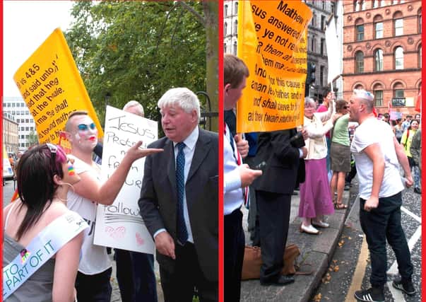 A confrontation between traditionalist Christians and gay pride marchers at Belfast City Hall, during a previous Gay Pride parade in the city; the Presbyterian Church in Ireland recently voiced fears that quoting the Bible may be illegal under plans to expand the definition of ‘hate crime’ in NI