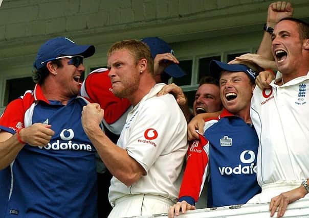 England's Andrew Flintoff and Kevin Pietersen celebrate as they beat Australia during the fourth day of the fourth npower Test match at Trent Bridge, Nottingham, Sunday August 28, 2005 when Ashley Giles and Matthew Hoggard were the improbable batting heroes.