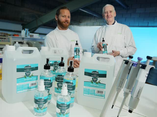 Pictured launching the ToraSan hand sanitiser range is Stephen Mullan, Torax Biosciences Laboratory Technician and Dr Lawrence McGrath PhD, MSc, T.D, Torax Biosciences Managing Director and esteemed clinical researcher