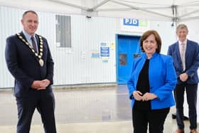 Economy Minister Diane Dodds with Councillor Cathal Mallaghan, Chair of Mid Ulster District Council and Paul Coote, Managing Director, PJD Safety Supplies Ltd