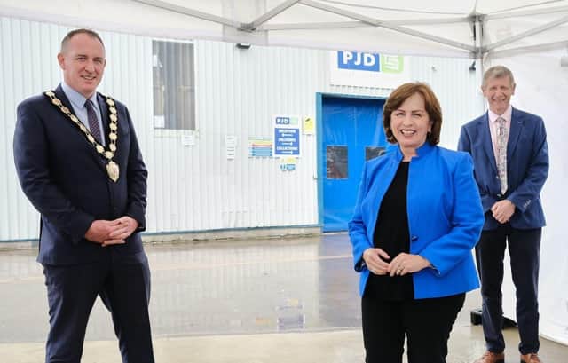 Economy Minister Diane Dodds with Councillor Cathal Mallaghan, Chair of Mid Ulster District Council and Paul Coote, Managing Director, PJD Safety Supplies Ltd