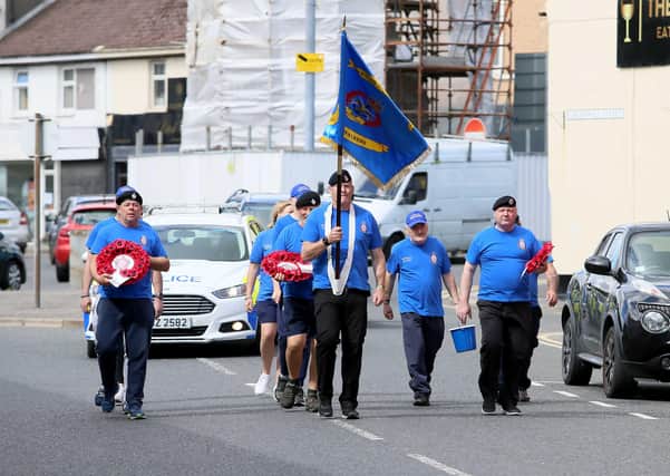 Veterans from around the UK arrive in Ards after a three day walk from Edinburgh to highlight the unique pressures on veterans in NI. A service was held at Ards Cenotaph as wreaths were laid by ex-servicemen and local politicians in memory of soldiers who have lost their lives. 
Photo Pacemaker Press