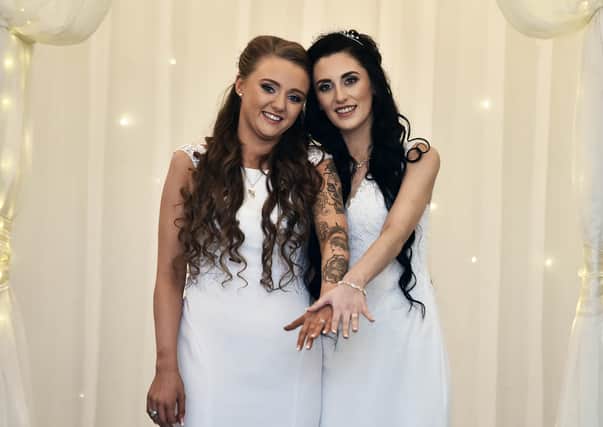 Robyn Peoples and Sharni Edwards were the  first couple to have a same sex marriage ceremony in Northern Ireland. 
Pic Colm Lenaghan/Pacemaker