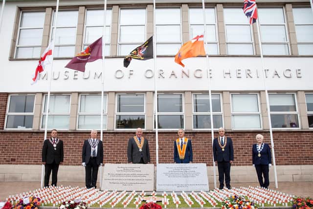 The 339 members of the Orange Institution murdered during the Troubles were remembered at a ceremony in Belfast today to mark the third annual Orange Victims’ Day.  Pictured in the memorial garden at Schomberg House are, from left, Governor Graeme Stenhouse, Apprentice Boys of Derry; Grand Master John Clarke, Grand Royal Arch Purple Chapter; Grand Master of the Grand Orange Lodge of Ireland Most Wor. Bro. Edward Stevenson; Junior Grand Master Bro. Roy Nixon, Junior Grand Orange Lodge; Sovereign Grand Master of the Royal Black Institution Rev William Anderson and Grand Mistress of the Association of Loyal Orangewomen of Ireland Sister Joan Beggs. Photo: Graham Baalham-Curry