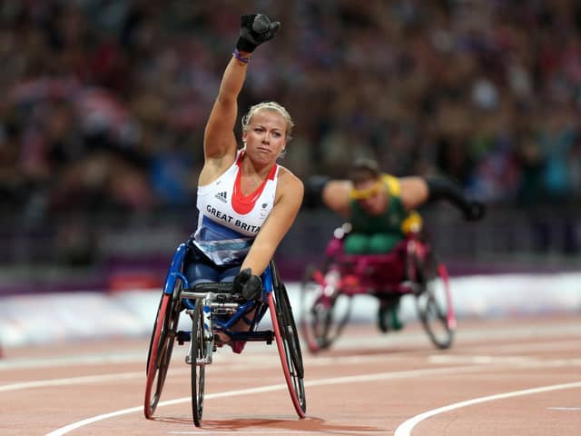 Great Britain’s Hannah Cockroft celebrates winning Gold in the Women’s 100m Ñ T34 Final at the Olympic Stadium, London