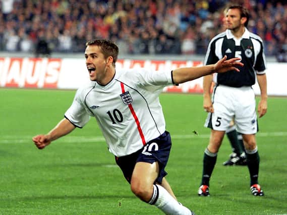 England’s Michael Owen celebrates scoring his second goal against Germany
