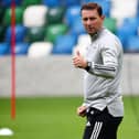 Northern Ireland manager Ian Baraclough during a training session at the National Stadium at Windsor Park, Belfast on Tuesday.
