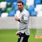 Northern Ireland manager Ian Baraclough during a training session at the National Stadium at Windsor Park, Belfast on Tuesday.