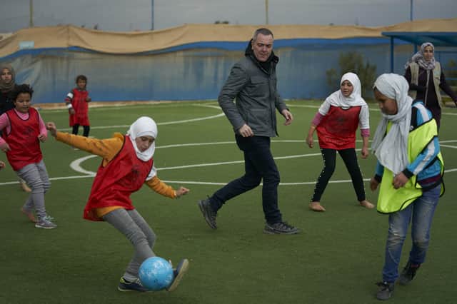 Unicef UK Ambassador Jimmy Nesbitt at a Makhani childrens’ centre, Za’atari refugee camp in Northern Jordan