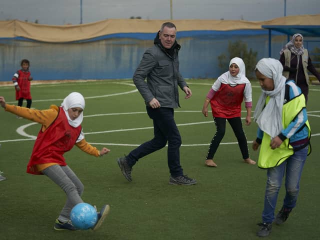 Unicef UK Ambassador Jimmy Nesbitt at a Makhani childrens’ centre, Za’atari refugee camp in Northern Jordan