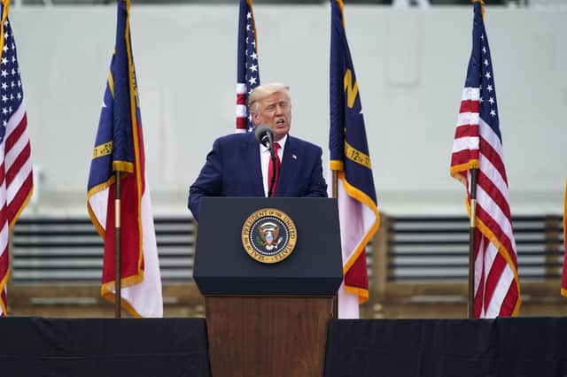 Donald Trump, seen above in Wilmington North Carolina on Wednesday, said of Joe Biden: "He’s against God. He’s against guns" It was a remarkable outburst from the leader of the free world