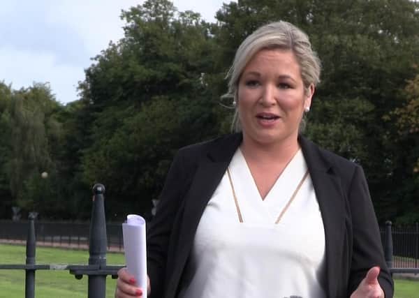 Deputy First Minister Michelle O'Neill speaking to media outside the Parliament Buildings in Stormont, Belfast.