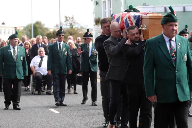 Friends carry the coffin of Brett Savage today in Newtownards.
Photo: Pacemaker