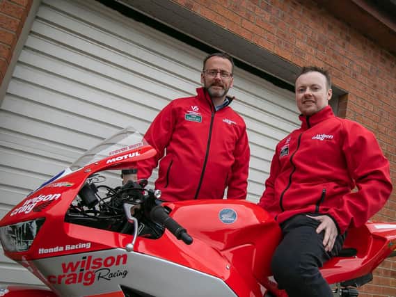 New Wilson Craig Racing team owner Darren Gilpin with Steven Smith and the new WCR Honda Supersport machine.