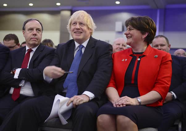 Guest speaker Rt Hon Boris Johnson MP, and DUP party leader Arlene Foster (and Nigel Dodds), pictured at the 2018 DUP Annual Conference at the Crown Plaza Hotel in Belfast