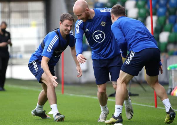 Enjoying Sunday's training session before Northern Ireland face Norway in Belfast. Pic by PressEye.